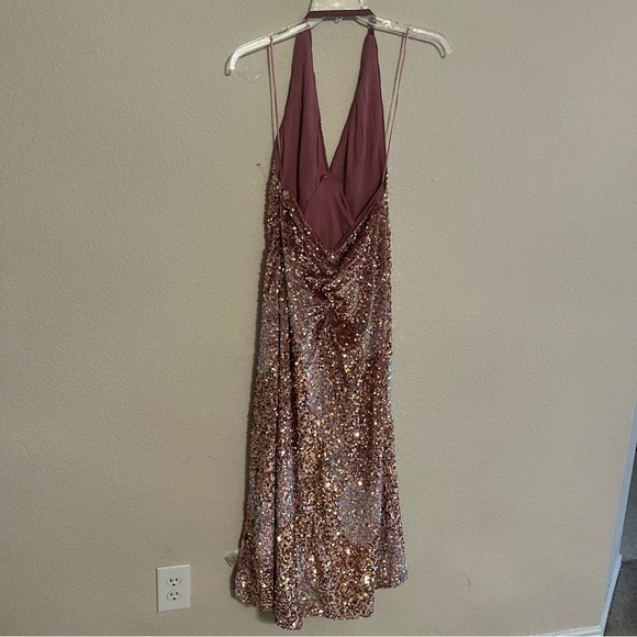 Free People Glitter & Gold Midi Halter Backless Slit Sequin Dress - Picture 4 of 5